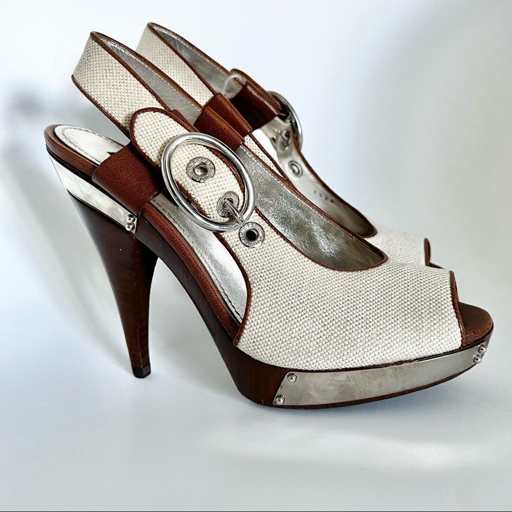 NEW Dolce & Gabbana Canvas Wooden Platform Open Toe Slingback EU 37 MSRP $795